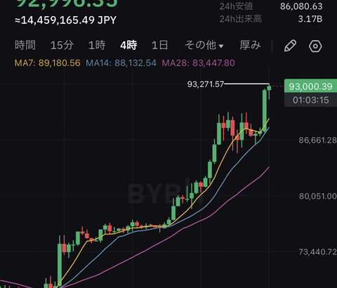 【速報】ビットコイン一時93,000ドル(1,450万円)を突破してしまうwwwwwwwww【BTC】