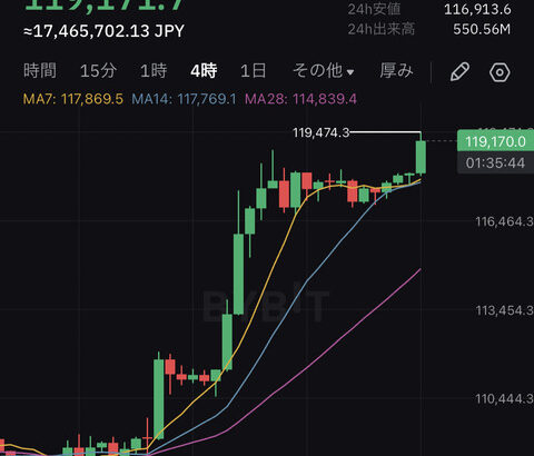 【速報】ビットコイン1,750万円(119,000ドル)突破！史上最高値更新wwwwwwwwww【BTC】